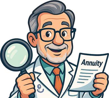 My Annuity Doctor mascot — cartoon doctor with stethoscope